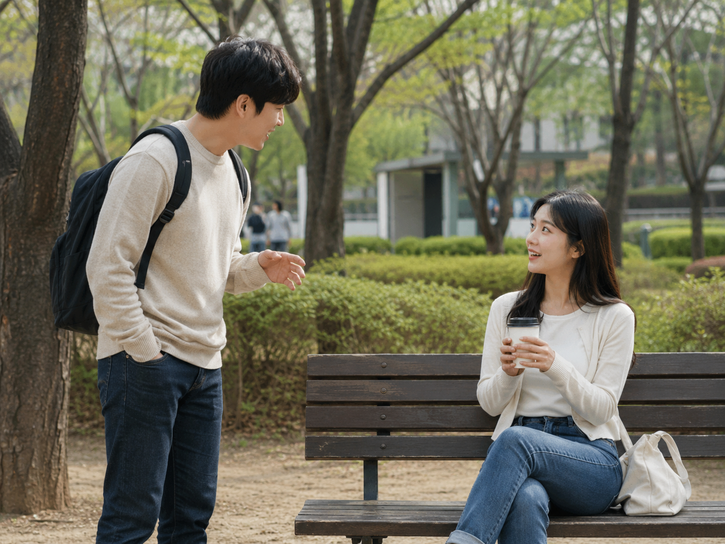 벤치에서 자연스럽게 대화하는 남녀